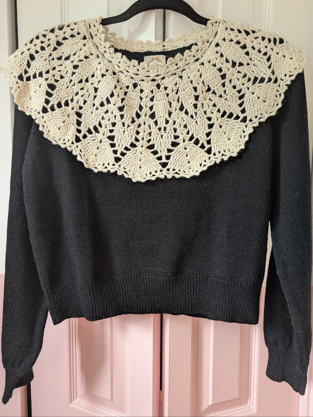 Black Sweater with Cream Crochet Collar